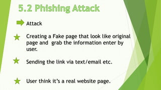 Attack
Creating a Fake page that look like original
page and grab the information enter by
user.
Sending the link via text/email etc.
User think it’s a real website page.
 