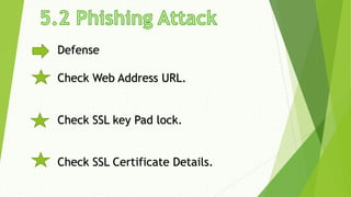 Defense
Check Web Address URL.
Check SSL key Pad lock.
Check SSL Certificate Details.
 