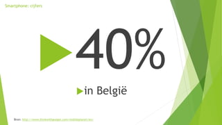 Smartphone: cijfers

in België
Bron: http://www.thinkwithgoogle.com/mobileplanet/en/
 