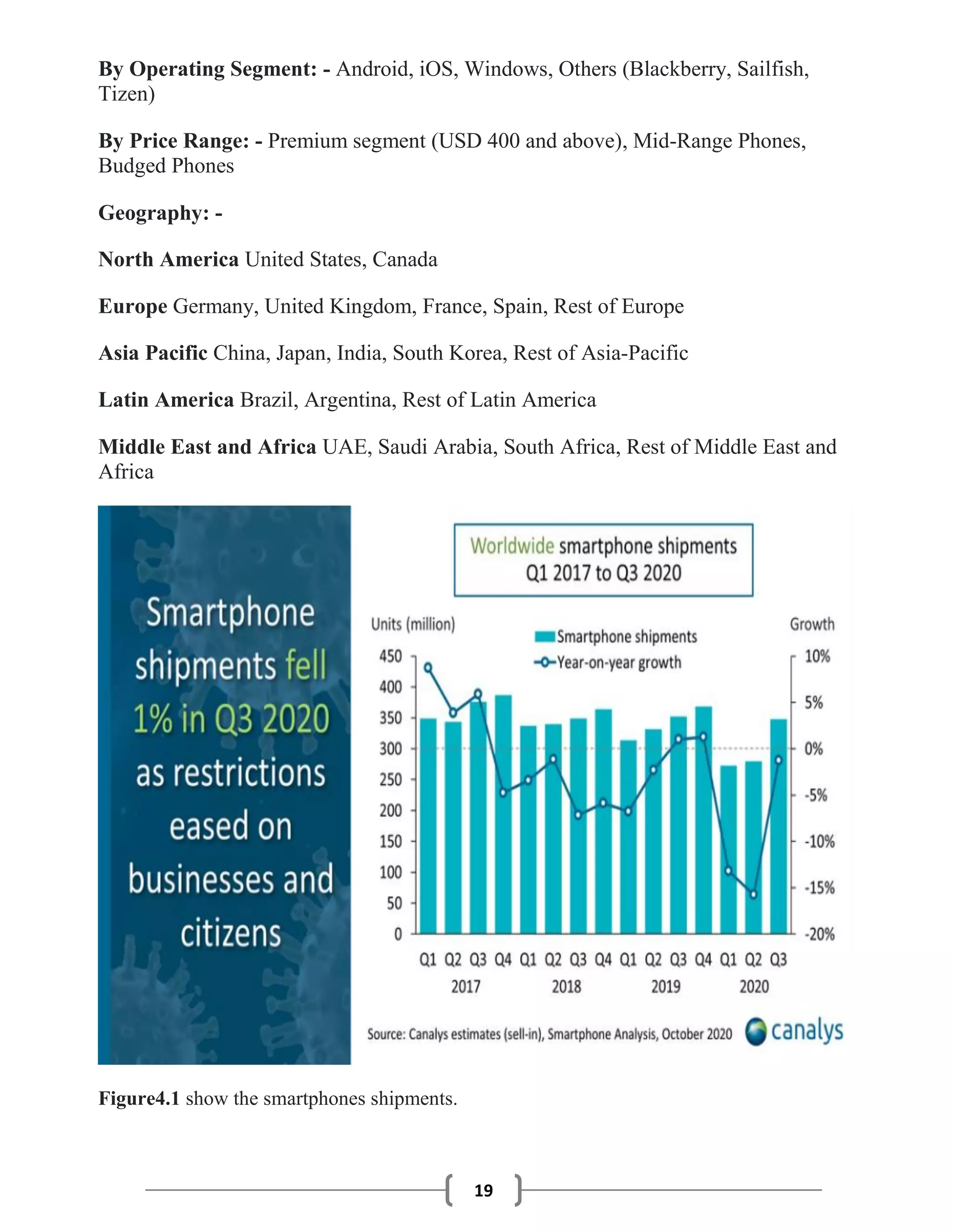 19
By Operating Segment: - Android, iOS, Windows, Others (Blackberry, Sailfish,
Tizen)
By Price Range: - Premium segment (USD 400 and above), Mid-Range Phones,
Budged Phones
Geography: -
North America United States, Canada
Europe Germany, United Kingdom, France, Spain, Rest of Europe
Asia Pacific China, Japan, India, South Korea, Rest of Asia-Pacific
Latin America Brazil, Argentina, Rest of Latin America
Middle East and Africa UAE, Saudi Arabia, South Africa, Rest of Middle East and
Africa
Figure4.1 show the smartphones shipments.
 