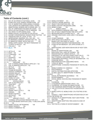 Table of Contents (cont.)
12.4     92% OF AD SPEND AT NATIONAL LEVEL     134         13.5.5 MOBILE PAYMENT      161
12.5     $100M FOR LOCAL MOBILE PROMOTIONS 135             13.5.6 CONTEXT AWARE SERVICE 161
12.6     43% OF MARKETERS USING MOBILE CHANNEL       135   13.5.7 OBJECT RECOGNITION (OR) 162
12.7     128% GROWTH IN CAMPAIGNS OVER 2 YEARS       136   13.5.8 MOBILE INSTANT MESSAGING (MIM)       163
12.8     SMARTPHONE OWNERS SEE 5X MORE ADS 137             13.5.9 MOBILE E-MAIL      163
12.9     30% OF CAMPAIGNS FOCUSED ON LEADS 137             13.5.10       MOBILE VIDEO      164
12.10    APPLE IOS HAS DOUBLE CTR OF ANDROID 138           13.6 APPS DOMINATE ANDROID USER TIME         165
12.11    26% DRIVE TO APP DOWNLOADS      139               13.6.1 56% OF DAILY SMARTPHONE TIME WITH APPS      165
12.12    MOBILE-SOCIAL ACTION MIX UP 39% M-O-M     139     13.6.2 MESSAGING BEATS PHONE CALLS      165
12.13    SOCNET CONVERGENCE HIGHER FROM TWITTER 140        13.6.3 ORGANIC DISCOVERY LESS LIKELY FOR BRAND
12.14    TARGETED ADS UP; LOCAL AT 56% 141                 APPS        165
12.15    IMPRESSIONS: ANDROID- 53%, IOS- 28% 141           13.6.4 OTHER FINDINGS      166
12.16    BY BRANDED CARRIER, VERIZON HAS 19% 142           13.6.5 APPS DRIVE DATA GROWTH 167
12.17    BY MANUFACTURER, APPLE HAS 33%        143         13.7 MOBILE APP USE RISES AT NIGHT     167
13.0     MOBILE APPS USAGE: THE NEXT PARADIGM 144          13.8 VOICE DROPS QUICKER THAN MESSAGING 168
13.1     10 APPS TO WATCH 144                              13.9 LIVING AFTER MIDNIGHT: 25% APPS SHARE AT 3
13.1.1   THE DAILY   144                                   AM       168
13.1.2   GE.TT 144                                         14.0 SMARTPHONE USER NEWS BEHAVIOR OF NEXT GEN-
                                                           ERATION       169
13.1.3 GETGLUE       145                                   14.1 BRAND OF SMARTPHONE USE          169
13.1.4 BIZZY 146                                           14.2 NON-VOICE CALL USES OF PHONES 169
13.1.5 FLIPBOARD     147                                   14.3 PERCENTAGE OF A NEWS ARTICLE 170
13.1.6 KIK    147                                          14.4 FREQUENCY OF USE EXCLUDING VOICE CALLS          170
13.1.7 SHOPKICK      148                                   14.5 MULTITASKING: EXCLUDING VOICE CALLS 170
13.1.8 PATH 149                                            14.6 CONSUMING DIFFERENT TYPES OF INFORMATION 170
13.1.9 INSTAGRAM 150                                       14.7 CONSUME NEWS          170
13.1.10       GROUPME      151                             14.8 PREFERENCES FOR CONSUMING NEWS           170
13.2 TOP 10 DOWNLOADED MOBILE APPS 2011 152                14.9 TYPES OF NEWS          171
13.3 TOP 10 ANDROID APPS 2011 152                          15.0 SMARTPHONE: CHANGING PARADIGM OF DIGITAL ME-
13.3.1 NETFLIX       153                                   DIA 172
13.3.2 SNAPTAX       153                                   15.1 MOBILE GAMING VS. CONSOLE        172
13.3.3 THUMB KEYBOARD 153                                  15.2 PHOTOGRAPHY            173
13.3.4 GOOGLE CURRENTS 153                                 15.3 DIGITAL DISTRIBUTION AND APPSTORE       174
13.3.5 GOOGLE WALLET        153                            15.4 GLOBAL HEALTH: SMARTPHONE TO MICRO-
13.3.6 GOOGLE+ APP 154                                     SCOPES          175
13.3.7 AMAZON MP3         154                              15.5 SOCIAL NETWORKING ON MOBILE 176
13.3.8 WORLD OF GOO        154                             15.6 ENTERTAINMENT         177
13.3.9 JUST IN CASE 154                                    16.0 SOCIAL MEDIA: AN EVOLVING PARADIGM OF SMART-
13.3.10       GOOGLE MUSIC      154                        PHONE        178
13.4 TOP 10 IOS APPS 2011       155                        16.1 FACEBOOK        178
13.4.1 TWEETBOT      155                                   16.1.1 A FACEBOOK SMARTPHONE? WHY? 178
13.4.2 HBO GO       155                                    16.1.2 FACEBOOK, HTC WORK ON SMARTPHONE 179
13.4.3 W.E.L.D.E.R. 155                                    16.1.3 THE FACEBOOK SMARTPHONE APP CRAZE 180
13.4.4 SUPER 8       156                                   16.1.4 THE HTC'S STATUS: DEDICATED FACEBOOK BUT-
13.4.5 GRAND THEFT AUTO 3       156                        TON       181
13.4.6 SONGZA       156                                    16.1.5 MOBILE APPS VS. MOBILE WEB: 33% POSTING IS MO-
13.4.7 INFINITY BLADE II    156                            BILE 183
13.4.8 INSTACAST     156                                   16.2 GOOGLE +: BEST SMARTPHONE INTEGRATION OF ANY
13.4.9 MIXEL 157                                           SOCIAL NETWORK 184
13.4.10       AIRPORT UTILITY   157                        16.2.1 GOOGLE PLUS SMARTPHONE: NEXT GEN PHONE 185
13.5 10 MOBILE APPLICATION TRENDS FOR 2012          157    16.3 TWITTER        186
13.5.1 LOCATION BASED SERVICES (LBS): 1.4 BILLION USERS    16.3.1 SMARTPHONE ADOPTION: RIM LEADS IN CASE OF
IN 2014     158                                            TWITTER.        187
13.5.2 MOBILE SOCIAL NETWORKING       159                  16.3.2 TWITTER IS A FORM OF ENTERTAINMENT 188
13.5.3 MOBILE SEARCH        159
13.5.4 MOBILE COMMERCE 160




  Tel/FAX: 1-877-MINDCOM (646-3266)             Email: info@mindcommerce.com                 www.mindcommerce.com
 