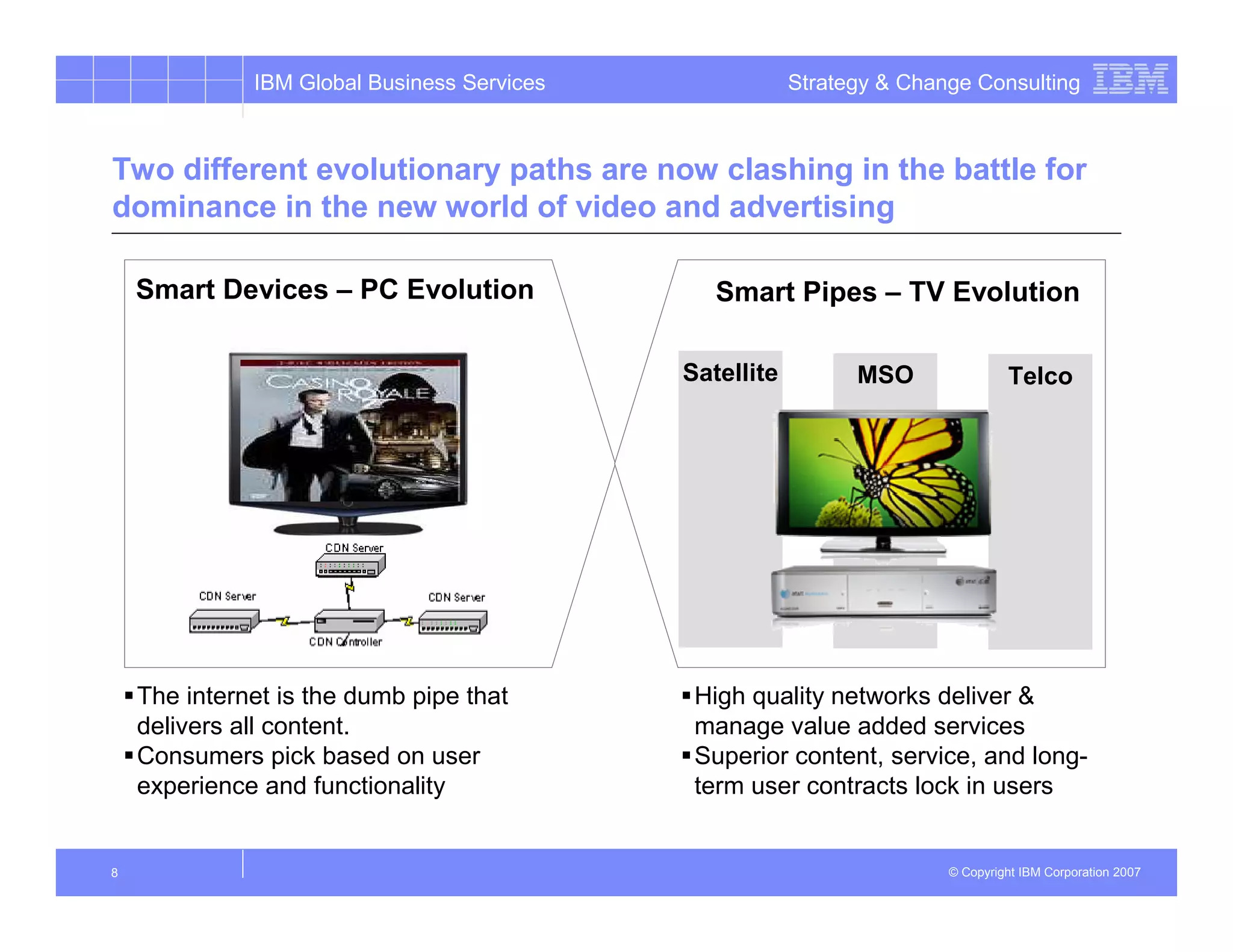 IBM Global Business Services               Strategy & Change Consulting



Two different evolutionary paths are now clashing in the battle for
dominance in the new world of video and advertising

    Smart Devices – PC Evolution                Smart Pipes – TV Evolution

                                             Satellite         MSO               Telco




    The internet is the dumb pipe that        High quality networks deliver &
    delivers all content.                     manage value added services
    Consumers pick based on user              Superior content, service, and long-
    experience and functionality              term user contracts lock in users


8                                                                       © Copyright IBM Corporation 2007
 