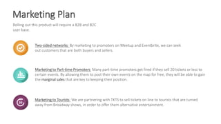 Marketing Plan
Rolling out this product will require a B2B and B2C
user base.
Two-sided networks: By marketing to promoters on Meetup and Eventbrite, we can seek
out customers that are both buyers and sellers.
Marketing to Part-time Promoters: Many part-time promoters get fired if they sell 20 tickets or less to
certain events. By allowing them to post their own events on the map for free, they will be able to gain
the marginal sales that are key to keeping their position.
Marketing to Tourists: We are partnering with TKTS to sell tickets on line to tourists that are turned
away from Broadway shows, in order to offer them alternative entertainment.
 