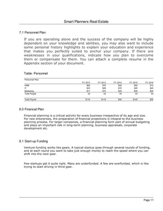 Smart Planners Real Estate

7.1 Personnel Plan

   If you are operating alone and the success of the company will be highly
   dependent on your knowledge and abilities, you may also want to include
   some personal history highlights to explain your education and experience
   that makes you perfectly suited to anchor your company. If there are
   weaknesses in your qualifications, indicate how you plan to overcome
   them or compensate for them. You can attach a complete resume in the
   Appendix section of your document.

   Table: Personnel
   Personnel Plan
                                              FY 2012     FY 2013     FY 2014     FY 2015    FY 2016
   HRM                                            $65         $76         $20         $50        $10
   IT                                             $33         $28         $15         $25        $20
   Marketing                                      $17         $15         $20         $30        $25
   Total People                                    34          44          44          44         44

   Total Payroll                                 $116       $119         $55        $105            $55



8.0 Financial Plan
   Financial planning is a critical activity for every business irrespective of its age and size.
   For new enterprises, the preparation of financial projections is integral to the business
   planning process. For larger companies, a financial planning form part of annual budgeting
   and plays an important role in long-term planning, business appraisals, corporate
   development etc.



8.1 Start-up Funding
   Venture funding works like gears. A typical startup goes through several rounds of funding,
   and at each round you want to take just enough money to reach the speed where you can
   shift into the next gear.


   Few startups get it quite right. Many are underfunded. A few are overfunded, which is like
   trying to start driving in third gear.




                                                                                            Page 11
 