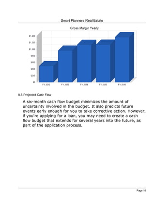 Smart Planners Real Estate




8.5 Projected Cash Flow

   A six-month cash flow budget minimizes the amount of
   uncertainty involved in the budget. It also predicts future
   events early enough for you to take corrective action. However,
   if you're applying for a loan, you may need to create a cash
   flow budget that extends for several years into the future, as
   part of the application process.




                                                             Page 16
 