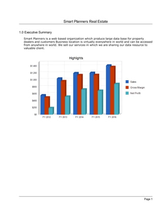 Smart Planners Real Estate

1.0 Executive Summary
   Smart Planners is a web based organization which produce large data base for property
   dealers and customers Business location is virtually everywhere in world and can be accessed
   from anywhere in world. We sell our services in which we are sharing our data resource to
   valuable client.




                                                                                         Page 1
 