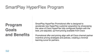 SmartPlay HyperFlex Program
Program
Goals
and Benefits
SmartPlay HyperFlex Promotional offer is designed to
accelerate new HyperFlex customer acquisition by showcasing
the value of Cisco HyperFlex fully configured System with the
best, pre-adjusted, up-front pricing available from Cisco
Promotional offer and pricing align with all Cisco channel partner
incentive pricing strategies and policies, creating a minimal
learning curve for partners.
 