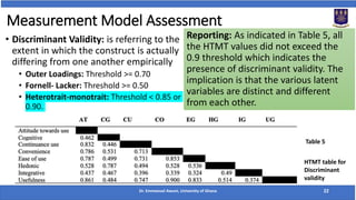 Measurement Model Assessment
• Discriminant Validity: is referring to the
extent in which the construct is actually
differing from one another empirically
• Outer Loadings: Threshold >= 0.70
• Fornell- Lacker: Threshold >= 0.50
• Heterotrait-monotrait: Threshold < 0.85 or
0.90.
Dr. Emmanuel Awuni, University of Ghana 22
Reporting: As indicated in Table 5, all
the HTMT values did not exceed the
0.9 threshold which indicates the
presence of discriminant validity. The
implication is that the various latent
variables are distinct and different
from each other.
HTMT table for
Discriminant
validity
Table 5
 