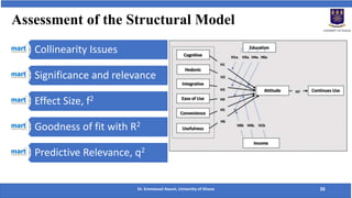 Assessment of the Structural Model
Dr. Emmanuel Awuni, University of Ghana 26
Collinearity Issues
Significance and relevance
Effect Size, f2
Goodness of fit with R2
Predictive Relevance, q2
 
