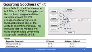 Reporting Goodness of Fit
Dr. Emmanuel Awuni, University of Ghana 38
• From Table 11, the R2 of the model
is 0.649 and 0.556. This implies that
the combined exogenous latent
variables account for 65%
endogenous factor variations
(Attitude) and and 56% of the
Attitude on continuance use. This
indicates that the model is well
fitted given that it is beyond the
acceptable threshold of 0.5.
Table 11
 