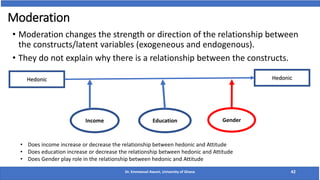 Moderation
• Moderation changes the strength or direction of the relationship between
the constructs/latent variables (exogeneous and endogenous).
• They do not explain why there is a relationship between the constructs.
Dr. Emmanuel Awuni, University of Ghana 42
Hedonic Hedonic
Income Education Gender
• Does income increase or decrease the relationship between hedonic and Attitude
• Does education increase or decrease the relationship between hedonic and Attitude
• Does Gender play role in the relationship between hedonic and Attitude
 