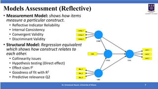 Models Assessment (Reflective)
• Measurement Model: shows how items
measure a particular construct.
• Reflective Indicator Reliability
• Internal Consistency
• Convergent Validity
• Discriminant Validity
• Structural Model: Regression equivalent
which shows how construct relates to
each other.
• Collinearity issues
• Hypothesis testing (Direct effect)
• Effect sizes f2
• Goodness of fit with R2
• Predictive relevance Q2
Dr. Emmanuel Awuni, University of Ghana 7
 
