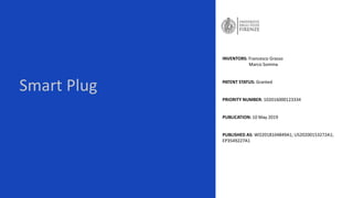 Smart Plug
INVENTORS: Francesco Grasso
Marco Somma
PATENT STATUS: Granted
PRIORITY NUMBER: 102016000123334
PUBLICATION: 10 May 2019
PUBLISHED AS: WO2018104849A1; US20200153272A1;
EP3549227A1
 