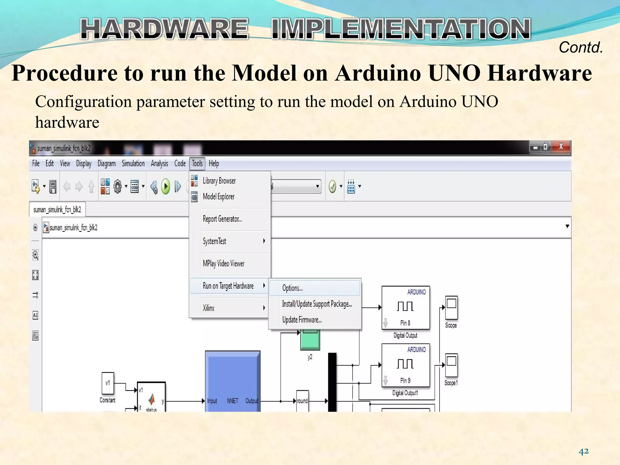 Configuration parameter setting to run the model on Arduino UNO
hardware
42
Procedure to run the Model on Arduino UNO Hardware
Contd.
 