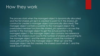 How they work 
The process starts when the managed object is dynamically allocated, 
and the first shared_ptr (sp1) is created to point to it; the shared_ptr 
constructor creates a manager object (dynamically allocated). The 
manager object contains a pointer to the managed object; the 
overloaded member functions like shared_ptr::operator-> access the 
pointer in the manager object to get the actual pointer to the 
managed object.1 The manager object also contains two reference 
counts: The shared count counts the number of shared_ptrs pointing to 
the manager object, and the weak count counts the number of 
weak_ptrs pointing to the manager object. When sp1 and the 
manager object are first created, the shared count will be 1, and the 
weak count will be 0. 
 