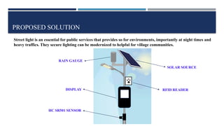PROPOSED SOLUTION
Street light is an essential for public services that provides so for environments, importantly at night times and
heavy traffics. They secure lighting can be modernized to helpful for village communities.
SOLAR SOURCE
RFID READER
RAIN GAUGE
HC SR501 SENSOR
DISPLAY
 