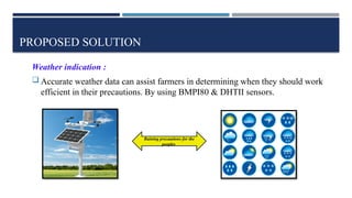 PROPOSED SOLUTION
Weather indication :
 Accurate weather data can assist farmers in determining when they should work
efficient in their precautions. By using BMPI80 & DHTII sensors.
Raining precautions for the
peoples
 