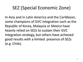 SEZ (Special Economic Zone)
In Asia and in Latin America and the Caribbean,
some champions of GVC integration such as the
Republic of Korea, Malaysia or Mexico have
heavily relied on SEZs to sustain their GVC
integration strategy, but others have achieved
good results with a limited presence of SEZs
(e.g. Chile).
19
 