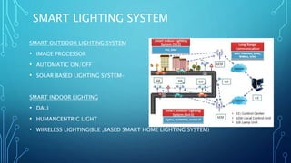 SMART LIGHTING SYSTEM
SMART OUTDOOR LIGHTING SYSTEM
• IMAGE PROCESSOR
• AUTOMATIC ON/OFF
• SOLAR BASED LIGHTING SYSTEM-
SMART INDOOR LIGHTING
• DALI
• HUMANCENTRIC LIGHT
• WIIRELESS LIGHTING(BLE ,BASED SMART HOME LIGHTING SYSTEM)
 