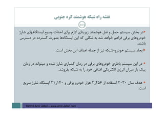 ‫ﺟﻨﻮﺑﻲ‬ ‫ﻛﺮه‬ ‫ﻫﻮﺷﻤﻨﺪ‬ ‫ﺷﺒﻜﻪ‬ ‫راه‬ ‫ﻧﻘﺸﻪ‬
103
‫ﺷﺎرژ‬ ‫اﻳﺴﺘﮕﺎﻫﻬﺎي‬ ‫وﺳﻴﻊ‬ ‫اﺣﺪاث‬ ‫ﺑﺮاي‬ ‫ﻻزم‬ ‫زﻳﺮﺑﻨﺎي‬ ‫ﻫﻮﺷﻤﻨﺪ‬ ‫ﻧﻘﻞ‬ ‫و‬ ‫ﺣﻤﻞ‬ ‫ﺳﻴﺴﺘﻢ‬ ‫ﺑﺨﺶ‬ ‫در‬
‫دﺳﺘﺮس‬ ‫در‬ ‫ﮔﺴﺘﺮده‬ ‫ﺑﺼﻮرت‬ ‫ﻫﺎ‬‫اﻳﺴﺘﮕﺎه‬ ‫اﻳﻦ‬ ‫ﻛﻪ‬ ‫ﺷﻜﻠﻲ‬ ‫ﺑﻪ‬ ‫ﺷﺪ‬ ‫ﺧﻮاﻫﺪ‬ ‫ﻓﺮاﻫﻢ‬ ‫ﺑﺮﻗﻲ‬ ‫ﺧﻮدروﻫﺎي‬
‫ﺑﺎﺷﻨﺪ‬.
‫ﺧﻮدرو‬ ‫ﺳﻴﺴﺘﻢ‬ ‫اﻳﺠﺎد‬-‫اﺳﺖ‬ ‫ﺑﺨﺶ‬ ‫اﻳﻦ‬ ‫اﻫﺪاف‬ ‫ﺟﻤﻠﻪ‬ ‫از‬ ‫ﻧﻴﺰ‬ ‫ﺷﺒﻜﻪ‬.
‫زﻣﺎن‬ ‫در‬ ‫ﻣﻴﺘﻮاﻧﺪ‬ ‫و‬ ‫ﺷﺪه‬ ‫ﺷﺎرژ‬ ‫ﻛﻤﺒﺎري‬ ‫زﻣﺎن‬ ‫در‬ ‫ﺑﺮﻗﻲ‬ ‫ﺧﻮدروﻫﺎي‬ ‫ﺑﺎﻃﺮي‬ ‫ﺳﻴﺴﺘﻢ‬ ‫اﻳﻦ‬ ‫در‬
‫ﺑﻔﺮوﺷﺪ‬ ‫ﺷﺒﻜﻪ‬ ‫ﺑﻪ‬ ‫را‬ ‫ﺧﻮد‬ ‫اﺿﺎﻓﻲ‬ ‫اﻟﻜﺘﺮﻳﻜﻲ‬ ‫اﻧﺮژي‬ ‫ﻣﻴﺰان‬ ‫ﺑﺎر‬ ‫ﭘﻴﻚ‬.
‫ﺳﺎل‬ ‫ﻫﺪف‬2030‫از‬ ‫اﺳﺘﻔﺎده‬456‫ر‬2‫و‬ ‫ﺑﺮﻗﻲ‬ ‫ﺧﻮدرو‬ ‫ﻫﺰار‬140‫ر‬21‫ﺳﺮﻳﻊ‬ ‫ﺷﺎرژ‬ ‫اﻳﺴﺘﮕﺎه‬
‫اﺳﺖ‬.
©2016 Amir Jafari – www.amir-Jafari.com
 