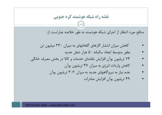 ‫ﺟﻨﻮﺑﻲ‬ ‫ﻛﺮه‬ ‫ﻫﻮﺷﻤﻨﺪ‬ ‫ﺷﺒﻜﻪ‬ ‫راه‬ ‫ﻧﻘﺸﻪ‬
107
‫از‬ ‫ﻋﺒﺎرﺗﺴﺖ‬ ‫ﺧﻼﺻﻪ‬ ‫ﻃﻮر‬ ‫ﺑﻪ‬ ‫ﻫﻮﺷﻤﻨﺪ‬ ‫ﺷﺒﻜﻪ‬ ‫اﺟﺮاي‬ ‫از‬ ‫اﻧﺘﻈﺎر‬ ‫ﻣﻮرد‬ ‫ﻣﻨﺎﻓﻊ‬:
•‫ﻣﻴﺰان‬ ‫ﺑﻪ‬ ‫ﮔﻠﺨﺎﻧﻬﺎي‬ ‫ﮔﺎزﻫﺎي‬ ‫اﻧﺘﺸﺎر‬ ‫ﻣﻴﺰان‬ ‫ﻛﺎﻫﺶ‬230‫ﺗﻦ‬ ‫ﻣﻴﻠﻴﻮن‬
•‫ﺳﺎﻟﻴﺎﻧﻪ‬ ‫اﻳﺠﺎد‬ ‫ﻣﺘﻮﺳﻂ‬ ‫ﺑﻄﻮر‬50‫ﺟﺪﻳﺪ‬ ‫ﺷﻐﻞ‬ ‫ﻫﺰار‬
•74‫ﺧﺎﻧﮕﻲ‬ ‫ﻣﺼﺮف‬ ‫ﺑﺨﺶ‬ ‫در‬ ‫ﻛﺎﻻ‬ ‫و‬ ‫ﺧﺪﻣﺎت‬ ‫ﺗﻘﺎﺿﺎي‬ ‫اﻓﺰاﻳﺶ‬ ‫ﻳﻮآن‬ ‫ﺗﺮﻳﻠﻴﻮن‬
•‫ﻣﻴﺰان‬ ‫ﺑﻪ‬ ‫اﻧﺮژي‬ ‫واردات‬ ‫ﻛﺎﻫﺶ‬47‫ﻳﻮآن‬ ‫ﺗﺮﻳﻠﻴﻮن‬
•‫ﻣﻴﺰان‬ ‫ﺑﻪ‬ ‫ﺟﺪﻳﺪ‬ ‫ﻧﻴﺮوﮔﺎﻫﻬﺎي‬ ‫ﺑﻪ‬ ‫ﻧﻴﺎز‬ ‫ﻋﺪم‬2/3‫ﻳﻮآن‬ ‫ﺗﺮﻳﻠﻴﻮن‬
•49‫ﺻﺎدرات‬ ‫اﻓﺰاﻳﺶ‬ ‫ﻳﻮآن‬ ‫ﺗﺮﻳﻠﻴﻮن‬
©2016 Amir Jafari – www.amir-Jafari.com
 