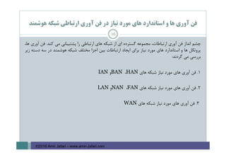 ‫ﻫﻮﺷﻤﻨﺪ‬ ‫ﺷﺒﻜﻪ‬ ‫ارﺗﺒﺎﻃﻲ‬ ‫آوري‬ ‫ﻓﻦ‬ ‫در‬ ‫ﻧﻴﺎز‬ ‫ﻣﻮرد‬ ‫ﻫﺎي‬ ‫اﺳﺘﺎﻧﺪارد‬ ‫و‬ ‫ﻫﺎ‬ ‫آوري‬ ‫ﻓﻦ‬
16
‫ﭼﺸﻢ‬‫اﻧﺪاز‬‫ﻓﻦ‬‫آوري‬،‫ارﺗﺒﺎﻃﺎت‬‫ﻣﺠﻤﻮﻋﻪ‬‫ﮔﺴﺘﺮده‬‫اي‬‫از‬‫ﺷﺒﻜﻪ‬‫ﻫﺎي‬‫ارﺗﺒﺎﻃﻲ‬‫را‬‫ﭘﺸﺘﻴﺒﺎﻧﻲ‬‫ﻣﻲ‬‫ﻛﻨﺪ‬.‫ﻓﻦ‬‫آوري‬،‫ﻫﺎ‬
‫ﭘﺮوﺗﻜﻞ‬‫ﻫﺎ‬‫و‬‫اﺳﺘﺎﻧﺪارد‬‫ﻫﺎي‬‫ﻣﻮرد‬‫ﻧﻴﺎز‬‫ﺑﺮاي‬‫اﻳﺠﺎد‬‫ارﺗﺒﺎﻃﺎت‬‫ﺑﻴﻦ‬‫اﺟﺰا‬‫ﻣﺨﺘﻠﻒ‬‫ﺷﺒﻜﻪ‬‫ﻫﻮﺷﻤﻨﺪ‬‫در‬‫ﺳﻪ‬‫دﺳﺘﻪ‬‫زﻳﺮ‬
‫ﺑﺮرﺳﻲ‬‫ﻣﻲ‬‫ﮔﺮدﻧﺪ‬:
1.‫ﻓﻦ‬‫آوري‬‫ﻫﺎي‬‫ﻣﻮرد‬‫ﻧﻴﺎز‬‫ﺷﺒﻜﻪ‬‫ﻫﺎي‬HAN،BAN‫و‬IAN
2.‫ﻓﻦ‬‫آوري‬‫ﻫﺎي‬‫ﻣﻮرد‬‫ﻧﻴﺎز‬‫ﺷﺒﻜﻪ‬‫ﻫﺎي‬FAN،NAN‫و‬LAN
3.‫ﻓﻦ‬‫آوري‬‫ﻫﺎي‬‫ﻣﻮرد‬‫ﻧﻴﺎز‬‫ﺷﺒﻜﻪ‬‫ﻫﺎي‬WAN
©2016 Amir Jafari – www.amir-Jafari.com
 