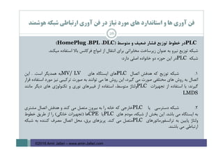 ‫ﻫﻮﺷﻤﻨﺪ‬ ‫ﺷﺒﻜﻪ‬ ‫ارﺗﺒﺎﻃﻲ‬ ‫آوري‬ ‫ﻓﻦ‬ ‫در‬ ‫ﻧﻴﺎز‬ ‫ﻣﻮرد‬ ‫ﻫﺎي‬ ‫اﺳﺘﺎﻧﺪارد‬ ‫و‬ ‫ﻫﺎ‬ ‫آوري‬ ‫ﻓﻦ‬
26
PLC‫در‬‫ﺧﻄﻮط‬‫ﺗﻮزﻳﻊ‬‫ﻓﺸﺎر‬‫ﺿﻌﻴﻒ‬‫و‬‫ﻣﺘﻮﺳﻂ‬)DLC،BPL،HomePlug(
‫ﺷﺒﻜﻪ‬‫ﺗﻮزﻳﻊ‬‫ﻧﻴﺮو‬‫ﺑﻪ‬‫ﻋﻨﻮان‬‫زﻳﺮﺳﺎﺧﺖ‬‫ﻣﺨﺎﺑﺮاﺗﻲ‬‫ﺑﺮاي‬‫اﻧﺘﻘﺎل‬‫از‬‫اﻣﻮاج‬‫ﻓﺮﻛﺎﻧﺲ‬‫ﺑﺎﻻ‬‫اﺳﺘﻔﺎده‬‫ﻣﻴﻜﻨﺪ‬.
‫ﺷﺒﻜﻪ‬PLC‫در‬‫اﻳﻦ‬‫ﺣﻮزه‬‫دو‬‫ﺧﺎﻧﻮاده‬‫اﺻﻠﻲ‬‫دارد‬:
1.‫ﺷﺒﻜﻪ‬‫ﺗﻮزﻳﻊ‬‫ﻛﻪ‬‫ﻫﺪﻓﺶ‬‫اﺗﺼﺎل‬PLC‫ﻫﺎي‬‫اﻳﺴﺘﮕﺎه‬‫ﻫﺎي‬MV/ LV‫ﺑﻪ‬‫ﻫﻤﺪﻳﮕﺮ‬‫اﺳﺖ‬..‫اﻳﻦ‬
‫اﺗﺼﺎل‬‫ﺑﻪ‬‫روش‬‫ﻫﺎي‬‫ﻣﺨﺘﻠﻔﻲ‬‫ﺻﻮرت‬‫ﻣﻲ‬،‫ﮔﻴﺮد‬‫اﻳﻦ‬‫روش‬‫ﻫﺎ‬‫ﻣﻲ‬‫ﺗﻮاﻧﻨﺪ‬‫ﺑﻪ‬‫ﺻﻮرت‬‫ﺗﺮﻛﻴﺒﻲ‬‫ﻧﻴﺰ‬‫ﻣﻮرد‬‫اﺳﺘﻔﺎده‬‫ﻗﺮار‬
‫ﮔﻴﺮﻧﺪ‬:‫ﺑﺎ‬‫اﺳﺘﻔﺎده‬‫از‬‫ﺗﺠﻬﻴﺰات‬PLC‫وﻟﺘﺎژ‬،‫ﻣﺘﻮﺳﻂ‬‫اﺳﺘﻔﺎده‬‫از‬‫ﻓﻴﺒﺮﻫﺎي‬‫ﻧﻮري‬‫و‬‫ﺗﻜﻨﻮﻟﻮژي‬‫ﻫﺎي‬‫دﻳﮕﺮ‬‫ﻣﺎﻧﻨﺪ‬
LMDS
2.‫ﺷﺒﻜﻪ‬‫دﺳﺘﺮﺳﻲ‬‫ﻳﺎ‬PLC‫ﺧﺎرﺟﻲ‬‫ﻛﻪ‬‫ﺧﺎﻧﻪ‬‫را‬‫ﺑﻪ‬‫ﺑﻴﺮون‬‫ﻣﺘﺼﻞ‬‫ﻣﻲ‬‫ﻛﻨﺪ‬‫و‬‫ﻫﺪﻓﺶ‬‫اﺗﺼﺎل‬‫ﻣﺸﺘﺮي‬
‫ﺑﻪ‬‫اﻳﺴﺘﮕﺎه‬‫ﻣﻲ‬‫ﺑﺎﺷﺪ‬.‫اﻳﻦ‬‫ﺑﺨﺶ‬‫از‬،‫ﺷﺒﻜﻪ‬‫ﻣﻮدم‬‫ﻫﺎي‬PLC‫ﻳﺎ‬CPE‫ﻫﺎ‬)‫ﺗﺠﻬﻴﺰات‬‫ﺧﺎﻧﮕﻲ‬(‫را‬‫از‬‫ﻃﺮﻳﻖ‬‫ﺧﻄﻮط‬
‫وﻟﺘﺎژ‬‫ﭘﺎﻳﻴﻦ‬‫ﺑﻪ‬‫ﺗﺮاﻧﺴﻔﻮرﻣﺎﺗﻮرﻫﺎي‬PLC‫ﻣﺘﺼﻞ‬‫ﻣﻲ‬‫ﻛﻨﺪ‬.‫ﭘﺮﻳﺰﻫﺎي‬،‫ﺑﺮق‬‫ﻣﺤﻞ‬‫اﺗﺼﺎل‬‫ﻣﺼﺮف‬‫ﻛﻨﻨﺪه‬‫ﺑﻪ‬‫ﺷﺒﻜﻪ‬
‫ارﺗﺒﺎﻃﻲ‬‫ﻣﻲ‬‫ﺑﺎﺷﻨﺪ‬.
©2016 Amir Jafari – www.amir-Jafari.com
 