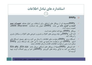 ‫اﻃﻼﻋﺎت‬ ‫ﺗﺒﺎدل‬ ‫ﻫﺎي‬ ‫اﺳﺘﺎﻧﺪارد‬
DNP3
DNP3‫ﻣﺠﻤﻮﻋﻪ‬‫اي‬‫از‬‫ﭘﺮوﺗﻜﻞ‬‫ﻫﺎي‬‫ارﺗﺒﺎﻃﻲ‬‫ﺑﺮاي‬‫ارﺗﺒﺎﻃﺎت‬‫ﺑﻴﻦ‬‫اﻧﻮاع‬‫ﻣﺨﺘﻠﻒ‬‫ﺗﺠﻬﻴﺰات‬‫ﺟﻤﻊ‬
‫ﻛﻨﻨﺪه‬‫و‬‫ﻛﻨﺘﺮل‬‫داده‬‫ﻣﻲ‬‫ﺑﺎﺷﺪ‬.DNP3‫ﺑﻪ‬‫ﻋﻨﻮان‬‫ﻳﻚ‬‫اﺳﺘﺎﻧﺪارد‬IEEE 1815-2010‫ﺑﻪ‬
‫ﺗﺼﻮﻳﺐ‬‫رﺳﻴﺪه‬‫اﺳﺖ‬
‫ﭘﺮوﺗﻜﻞ‬DNP3‫از‬‫ﭘﻨﺞ‬‫ﻻﻳﻪ‬‫ﺗﺸﻜﻴﻞ‬‫ﺷﺪه‬‫اﺳﺖ‬.
‫ﻻﻳﻪ‬‫ﻛﺎرﺑﺮ‬DNP3‫ﻣﻲ‬‫ﺗﻮاﻧﺪ‬‫ورودي‬‫ﻫﺎي‬‫آﻧﺎﻟﻮگ‬‫و‬‫ﺑﺎﻳﻨﺮي‬‫و‬‫ﺧﺮوﺟﻲ‬‫ﻫﺎي‬‫آﻧﺎﻟﻮگ‬‫و‬‫ﺳﻴﮕﻨﺎل‬‫ﺑﺎﻳﻨﺮي‬
‫را‬‫درﻳﺎﻓﺖ‬‫ﻛﻨﺪ‬.
‫اﻳﺴﺘﮕﺎه‬‫ﻣﺴﺘﺮ‬DNP3‫درﺧﻮاﺳﺖ‬‫ﻫﺎي‬‫اﻃﻼﻋﺎت‬‫را‬‫ارﺳﺎل‬‫ﻣﻲ‬‫ﻛﻨﺪ‬‫و‬‫ﺑﻪ‬‫ﻃﻮر‬‫ﻣﻌﻤﻮل‬‫اﻳﺴﺘﮕﺎه‬‫ﻫﺎي‬
‫اﺳﻠﻴﻮ‬DNP3‫ﺑﻪ‬‫اﻳﻦ‬‫درﺧﻮاﺳﺖ‬‫ﻫﺎ‬‫ﭘﺎﺳﺦ‬‫ﻣﻲ‬‫دﻫﻨﺪ‬.‫ﺑﺎ‬‫اﻳﻦ‬،‫ﺣﺎل‬‫ﻳﻚ‬‫اﻳﺴﺘﮕﺎه‬‫ﻣﺴﺘﺮ‬DNP3
‫ﻣﻤﻜﻦ‬‫اﺳﺖ‬‫ﺑﺪون‬‫درﺧﻮاﺳﺖ‬،‫اﻃﻼﻋﺎت‬‫اﻗﺪام‬‫ﺑﻪ‬‫ارﺳﺎل‬‫اﻃﻼﻋﺎت‬‫ﻧﻤﺎﻳﺪ‬.
‫ﻻﻳﻪ‬‫ﻓﻴﺰﻳﻜﻲ‬DNP3‫ﻣﻌﻤﻮﻻ‬‫از‬‫ﭘﺮوﺗﻜﻞ‬‫ﻫﺎي‬‫ارﺗﺒﺎﻃﻲ‬‫ﺳﺮﻳﺎل‬‫ﻣﺎﻧﻨﺪ‬EIA 232‫و‬EIA 485
‫اﺳﺘﻔﺎده‬‫ﻣﻲ‬‫ﻛﻨﺪ‬.‫ﺑﻪ‬‫ﺗﺎزﮔﻲ‬‫ﺑﺮﻧﺎﻣﻪ‬‫ﻫﺎي‬‫ﻛﺎرﺑﺮدي‬DNP3‫ﻗﺎﺑﻞ‬‫اﺟﺮا‬‫ﺑﺮ‬‫روي‬‫اﺗﺼﺎﻻت‬‫اﺗﺮﻧﺖ‬‫ﺗﻬﻴﻪ‬
‫ﮔﺮدﻳﺪه‬‫اﻧﺪ‬
34
©2016 Amir Jafari – www.amir-Jafari.com
 