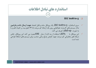 ‫اﻃﻼﻋﺎت‬ ‫ﺗﺒﺎدل‬ ‫ﻫﺎي‬ ‫اﺳﺘﺎﻧﺪارد‬
IEC 60870-5
‫ﺳﺮي‬‫اﺳﺘﺎﻧﺪارد‬IEC 60870-5،‫ﻳﻚ‬‫ﭘﺮوﺗﻜﻞ‬‫ﺳﺎده‬‫و‬‫ﻗﺎﺑﻞ‬‫اﻋﺘﻤﺎد‬‫ﺟﻬﺖ‬‫ارﺳﺎل‬‫داده‬‫و‬‫ﻓﺮاﻣﻴﻦ‬
‫ﺑﻪ‬/‫از‬‫ﺳﻴﺴﺘﻢ‬‫ﻫﺎي‬‫ﮔﺴﺘﺮده‬‫ﺟﻐﺮاﻓﻴﺎﻳﻲ‬‫روي‬‫ﻳﻚ‬‫ارﺗﺒﺎط‬‫ﻛﻢ‬‫ﺳﺮﻋﺖ‬)‫ﺗﺎ‬64‫ﻛﻴﻠﻮ‬‫ﺑﻴﺖ‬‫ﺑﺮ‬‫ﺛﺎﻧﻴﻪ‬(‫داﺋﻢ‬‫و‬‫ﻳﺎ‬
‫ﺑﻪ‬‫ﺻﻮرت‬dial-up‫را‬‫ﺗﻌﺮﻳﻒ‬‫ﻣﻲ‬‫ﻛﻨﺪ‬.
‫اﻳﻦ‬‫ﭘﺮوﺗﻜﻞ‬‫ﺑﺎ‬EPA‫ﺑﺎ‬‫اﺳﺘﻔﺎده‬‫از‬‫ﺳﻪ‬‫ﻻﻳﻪ‬‫از‬‫ﻣﺪل‬OSI‫ﺗﺒﻌﻴﺖ‬‫ﻣﻲ‬‫ﻛﻨﺪ‬.‫اﻳﻦ‬،‫ﭘﺮوﺗﻜﻞ‬‫ﺧﺎص‬
‫ﺷﺒﻜﻪ‬‫ﻫﺎي‬‫ﻣﺨﺎﺑﺮاﺗﻲ‬‫ﻛﻢ‬‫ﺳﺮﻋﺖ‬‫ﺟﻬﺖ‬‫ﮔﺮﻓﺘﻦ‬‫ﭘﺎﺳﺦ‬‫زﻣﺎﻧﻲ‬‫ﻣﻨﺎﺳﺐ‬‫ﺑﺮاي‬‫ﺳﻴﺴﺘﻢ‬‫ﻫﺎي‬‫اﺳﻜﺎدا‬‫ﻃﺮاﺣﻲ‬
‫ﺷﺪه‬‫اﺳﺖ‬.
36
©2016 Amir Jafari – www.amir-Jafari.com
 