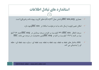 ‫اﻃﻼﻋﺎت‬ ‫ﺗﺒﺎدل‬ ‫ﻫﺎي‬ ‫اﺳﺘﺎﻧﺪارد‬
‫ﻣﻌﻤﺎري‬IEC 101,103‫ﺑﺮاﺳﺎس‬‫ﻣﺪل‬3‫ﻻﻳﻪ‬)‫ﻻﻳﻪ‬‫ﻫﺎي‬،‫ﻛﺎرﺑﺮد‬‫ﭘﻴﻮﻧﺪ‬‫داده‬‫و‬‫ﻓﻴﺰﻳﻜﻲ‬(‫اﺳﺖ‬.
‫اﻣﻜﺎن‬‫ﺗﻐﻴﻴﺮ‬‫اوﻟﻮﻳﺖ‬‫ارﺳﺎل‬‫داده‬‫ﺑﻨﺎ‬‫ﺑﻪ‬‫درﺧﻮاﺳﺖ‬‫اﺳﻜﺎدا‬‫در‬IEC 101‫وﺟﻮد‬‫دارد‬.
‫ﺳﺮﻋﺖ‬‫اﻧﺘﻘﺎل‬IEC 101‫ﺗﺎ‬64‫ﻛﻴﻠﻮ‬‫ﺑﻴﺖ‬‫ﺑﺮ‬‫ﺛﺎﻧﻴﻪ‬‫و‬‫ﺳﺮﻋﺖ‬‫ﭘﺮدازش‬‫در‬IEC 103‫ﺣﺪود‬9.6‫ﻛﻴﻠﻮ‬
‫ﺑﻴﺖ‬‫ﺑﺮ‬‫ﺛﺎﻧﻴﻪ‬‫ﻳﺎ‬19.6‫ﻛﻴﻠﻮ‬‫ﺑﻴﺖ‬‫ﺑﺮ‬‫ﺛﺎﻧﻴﻪ‬‫و‬IEC 104‫ﺑﺪون‬‫ﻣﺤﺪودﻳﺖ‬‫در‬‫ﺳﺮﻋﺖ‬‫ﻣﻲ‬‫ﺑﺎﺷﺪ‬.IEC
101‫ﺳﺎﺧﺘﺎر‬‫ﻫﺎي‬‫ﻧﻘﻄﻪ‬‫ﺑﻪ‬،‫ﻧﻘﻄﻪ‬‫ﭼﻨﺪ‬‫ﻧﻘﻄﻪ‬‫ﺑﻪ‬،‫ﻧﻘﻄﻪ‬‫ﭼﻨﺪ‬‫ﻧﻘﻄﻪ‬‫اي‬-،‫ﺳﺘﺎره‬‫ﭼﻨﺪ‬‫ﻧﻘﻄﻪ‬‫اي‬-‫ﺣﻠﻘﻪ‬
‫اي‬‫را‬‫ﭘﺸﺘﻴﺒﺎﻧﻲ‬‫ﻣﻲ‬‫ﻛﻨﺪ‬.
39
©2016 Amir Jafari – www.amir-Jafari.com
 