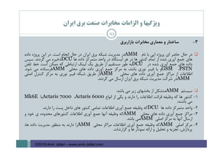 ‫اﻳﺮان‬ ‫ﺑﺮق‬ ‫ﺻﻨﻌﺖ‬ ‫ﻣﺨﺎﺑﺮات‬ ‫اﻟﺰاﻣﺎت‬ ‫و‬ ‫وﻳﮋﮔﻴﻬﺎ‬
3-‫ﺳﺎﺧﺘﺎر‬‫و‬‫ﻣﻌﻤﺎري‬‫ﻣﺨﺎﺑﺮات‬‫ﺑﺎزارﺑﺮق‬
‫در‬‫ﺣﺎل‬‫ﺣﺎﺿﺮ‬‫اي‬‫ﭘﺮوژه‬‫اﻳﻲ‬‫ﺑﺎ‬‫ﻧﺎم‬AMM‫در‬‫ﻣﺪﻳﺮﻳﺖ‬‫ﺷﺒﻜﻪ‬‫ﺑﺮق‬‫اﻳﺮان‬‫در‬‫ﺣﺎل‬‫اﻧﺠﺎم‬‫اﺳﺖ‬.‫در‬‫اﻳﻦ‬‫ﭘﺮوژه‬‫داده‬
‫ﻫﺎي‬‫ﺟﻤﻊ‬‫آوري‬‫ﺷﺪه‬‫از‬‫ﺗﻤﺎم‬‫ﻛﻨﺘﻮر‬‫ﻫﺎ‬‫در‬‫ﻫﺮ‬‫اﻳﺴﺘﮕﺎه‬‫در‬‫واﺣﺪ‬‫ﻣﺘﻤﺮﻛﺰ‬‫داده‬‫ﻫﺎ‬DCU‫ذﺧﻴﺮه‬‫ﻣﻲ‬‫ﮔﺮدﻧﺪ‬.‫ﺳﭙﺲ‬
‫داده‬‫ﻫﺎي‬‫ﺟﻤﻊ‬‫آوري‬‫ﺷﺪه‬‫در‬DCU‫ﺑﻪ‬‫ﻃﻮر‬‫ﻣﺴﺘﻘﻴﻢ‬‫از‬‫ﻃﺮﻳﻖ‬‫ﻳﻚ‬‫ﻟﻴﻨﻚ‬‫ارﺗﺒﺎﻃﻲ‬‫ﻛﻪ‬‫ﻣﻤﻜﻦ‬‫اﺳﺖ‬‫ﺧﻂ‬‫ﺗﻠﻔﻦ‬
PSTN،GSM‫و‬‫ﻳﺎ‬‫ﻓﻴﺒﺮ‬‫ﻧﻮري‬،‫ﺑﺎﺷﺪ‬‫ﺑﻪ‬‫ﻣﺮﻛﺰ‬‫ﺟﻤﻊ‬‫آوري‬‫داده‬‫ﻫﺎي‬‫ﻣﺤﻠﻲ‬AMM‫ﻓﺮﺳﺘﺎده‬‫ﻣﻲ‬‫ﺷﻮد‬.
‫اﻃﻼﻋﺎت‬‫از‬‫ﻣﺮاﻛﺰ‬‫ﺟﻤﻊ‬‫آوري‬‫داده‬‫ﻫﺎي‬‫ﻣﺤﻠﻲ‬AMM‫از‬‫ﻃﺮﻳﻖ‬‫ﺷﺒﻜﻪ‬‫ﻓﻴﺒﺮ‬‫ﻧﻮري‬‫ﺑﻪ‬‫ﻣﺮﻛﺰ‬‫ﻛﻨﺘﺮل‬‫اﺻﻠﻲ‬
AMM‫در‬‫ﺷﺮﻛﺖ‬‫ﻣﺪﻳﺮﻳﺖ‬‫ﺷﺒﻜﻪ‬‫ﺑﺮق‬‫اﻳﺮان‬‫ارﺳﺎل‬‫ﻣﻲ‬‫ﮔﺮدﻧﺪ‬.
‫ﺳﻴﺴﺘﻢ‬AMM‫ﻣﺘﺸﻜﻞ‬‫از‬‫ﺑﺨﺸﻬﺎي‬‫زﻳﺮ‬‫ﻣﻲ‬‫ﺑﺎﺷﺪ‬:
1-‫ﻛﻨﺘﻮر‬‫ﻫﺎ‬‫ﻛﻪ‬‫وﻇﻴﻔﻪ‬‫ﻗﺮاﺋﺖ‬‫اﻃﻼﻋﺎت‬‫را‬‫دارﻧﺪ‬‫و‬‫ﻳﻜﻲ‬‫از‬‫اﻧﻮاع‬Actaris 6000،Actaris 7000‫ﻳﺎ‬Mk6E
‫ﻣﻲ‬‫ﺑﺎﺷﻨﺪ‬.
2-‫واﺣﺪ‬‫ﻣﺘﻤﺮﻛﺰ‬‫داده‬‫ﻫﺎ‬DCU‫ﻛﻪ‬‫وﻇﻴﻔﻪ‬‫ﺟﻤﻊ‬‫آوري‬‫اﻃﻼﻋﺎت‬‫ﺗﻤﺎﻣﻲ‬‫ﻛﻨﺘﻮر‬‫ﻫﺎي‬‫داﺧﻞ‬‫ﭘﺴﺖ‬‫را‬‫دارﻧﺪ‬.
3-‫ﻣﺮاﻛﺰ‬‫ﺟﻤﻊ‬‫آوري‬‫داده‬‫ﻫﺎي‬‫ﻣﺤﻠﻲ‬AMM‫ﻛﻪ‬‫وﻇﻴﻔﻪ‬‫آﻧﻬﺎ‬‫ﺟﻤﻊ‬‫آوري‬‫اﻃﻼﻋﺎت‬‫ﻛﻨﺘﻮرﻫﺎي‬‫ﻣﺤﺪوده‬‫ي‬‫ﺧﻮد‬‫و‬
‫ارﺳﺎل‬‫آﻧﻬﺎ‬‫ﺑﻪ‬‫ﻣﺮﻛﺰ‬‫اﺻﻠﻲ‬AMM‫ﻣﻲ‬‫ﺑﺎﺷﺪ‬.
4-‫ﻣﺮﻛﺰ‬‫اﺻﻠﻲ‬AMM‫ﻛﻪ‬‫وﻇﻴﻔﻪ‬‫ﺟﻤﻊ‬‫آوري‬‫اﻃﻼﻋﺎت‬‫ﻣﺮاﻛﺰ‬‫ﻣﺤﻠﻲ‬AMM‫را‬‫دارﻧﺪ‬‫ﺑﻪ‬‫ﻣﻨﻈﻮر‬‫ﻣﺪﻳﺮﻳﺖ‬‫داده‬،‫ﻫﺎ‬
،‫ﭘﺮدازش‬‫ﺗﺠﺰﻳﻪ‬‫و‬‫ﺗﺤﻠﻴﻞ‬‫و‬‫اراﺋﻪ‬‫ﻧﻤﻮدار‬‫ﻫﺎ‬‫و‬‫ﮔﺰارﺷﺎت‬.
93
©2016 Amir Jafari – www.amir-Jafari.com
 