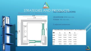 21
AUTOMATIC DOORS
HEADROOM 2550 mm min.
FOSSA 180 mm min.
2 adjacent entrances
Homelift:«Lifestyle»
STRATEGIES AND PRODUCTS
 