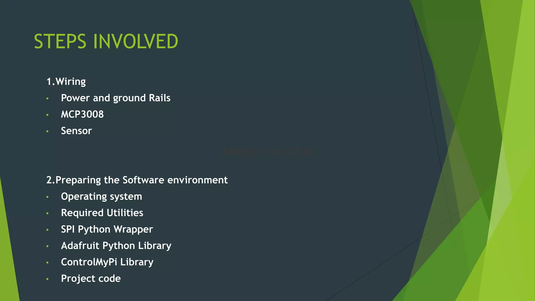 STEPS INVOLVED
1.Wiring
• Power and ground Rails
• MCP3008
• Sensor
2.Preparing the Software environment
• Operating system
• Required Utilities
• SPI Python Wrapper
• Adafruit Python Library
• ControlMyPi Library
• Project code
Adding a Line Chart
 