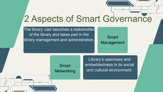 The library user becomes a stakeholder
of the library and takes part in the
library management and administration.
Smart
Management
Smart
Networking
Library’s openness and
embeddedness in its social
and cultural environment.
2 Aspects of Smart Governance
 