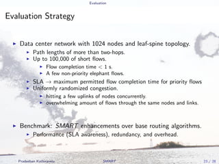 Evaluation
Evaluation Strategy
Data center network with 1024 nodes and leaf-spine topology.
Path lengths of more than two-hops.
Up to 100,000 of short ﬂows.
Flow completion time < 1 s.
A few non-priority elephant ﬂows.
SLA → maximum permitted ﬂow completion time for priority ﬂows
Uniformly randomized congestion.
hitting a few uplinks of nodes concurrently.
overwhelming amount of ﬂows through the same nodes and links.
Benchmark: SMART enhancements over base routing algorithms.
Performance (SLA awareness), redundancy, and overhead.
Pradeeban Kathiravelu SMART 23 / 28
 