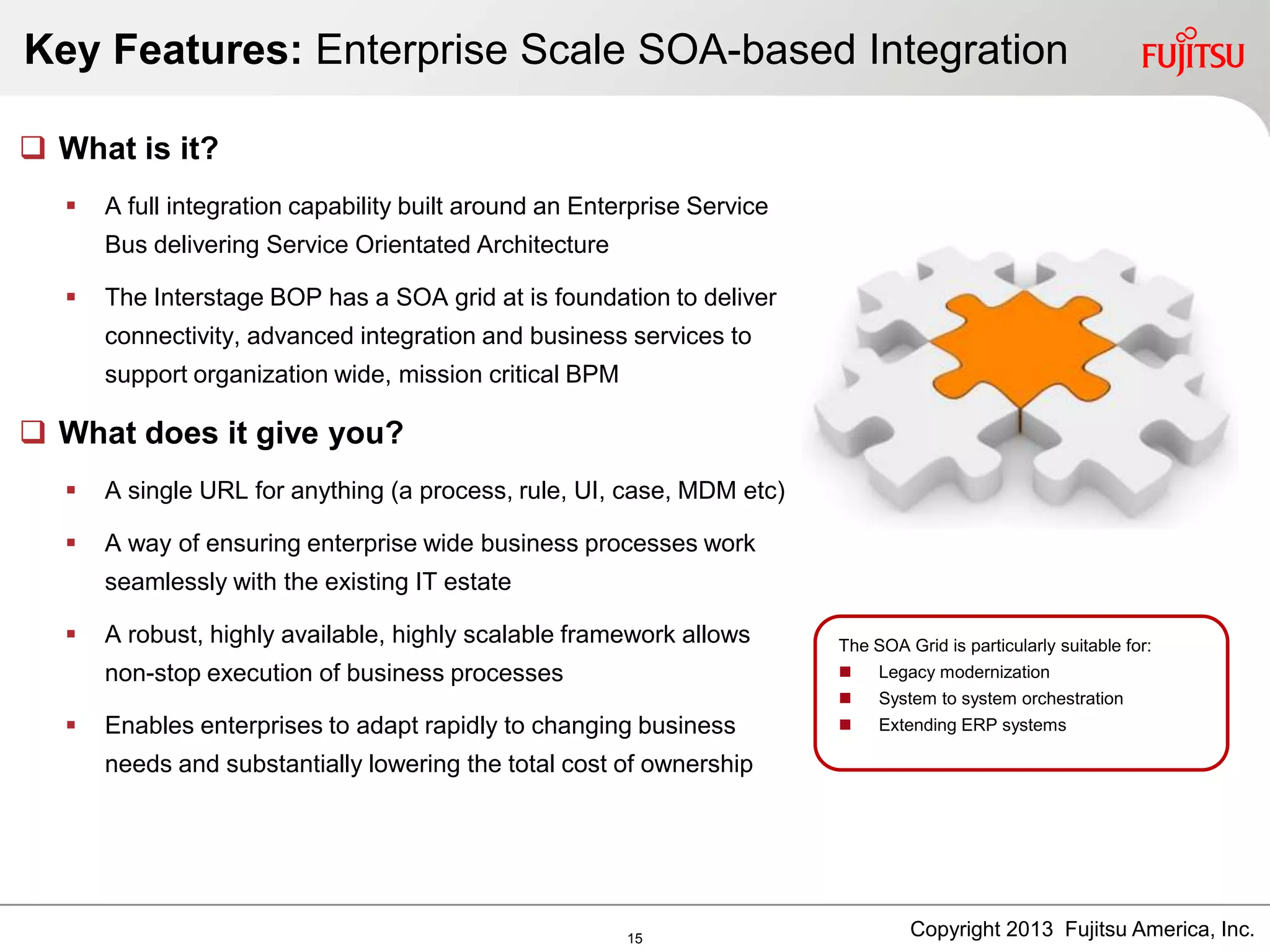 Key Features: Enterprise Scale SOA-based Integration
The SOA Grid is particularly suitable for:
 Legacy modernization
 System to system orchestration
 Extending ERP systems
 What is it?
 A full integration capability built around an Enterprise Service
Bus delivering Service Orientated Architecture
 The Interstage BOP has a SOA grid at is foundation to deliver
connectivity, advanced integration and business services to
support organization wide, mission critical BPM
 What does it give you?
 A single URL for anything (a process, rule, UI, case, MDM etc)
 A way of ensuring enterprise wide business processes work
seamlessly with the existing IT estate
 A robust, highly available, highly scalable framework allows
non-stop execution of business processes
 Enables enterprises to adapt rapidly to changing business
needs and substantially lowering the total cost of ownership
Copyright 2013 Fujitsu America, Inc.15
 