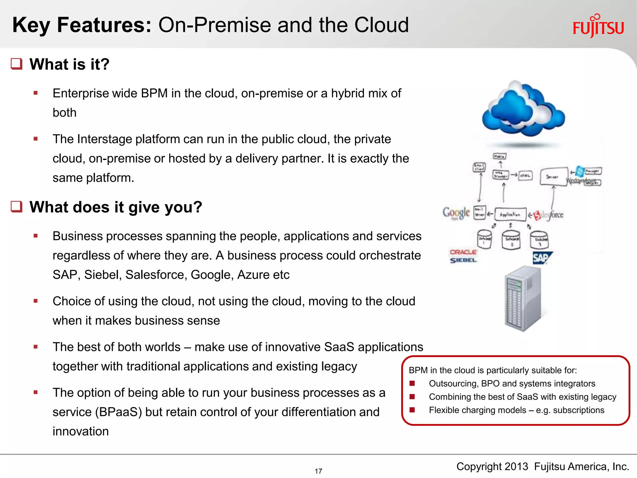 Key Features: On-Premise and the Cloud
BPM in the cloud is particularly suitable for:
 Outsourcing, BPO and systems integrators
 Combining the best of SaaS with existing legacy
 Flexible charging models – e.g. subscriptions
 What is it?
 Enterprise wide BPM in the cloud, on-premise or a hybrid mix of
both
 The Interstage platform can run in the public cloud, the private
cloud, on-premise or hosted by a delivery partner. It is exactly the
same platform.
 What does it give you?
 Business processes spanning the people, applications and services
regardless of where they are. A business process could orchestrate
SAP, Siebel, Salesforce, Google, Azure etc
 Choice of using the cloud, not using the cloud, moving to the cloud
when it makes business sense
 The best of both worlds – make use of innovative SaaS applications
together with traditional applications and existing legacy
 The option of being able to run your business processes as a
service (BPaaS) but retain control of your differentiation and
innovation
Copyright 2013 Fujitsu America, Inc.17
 