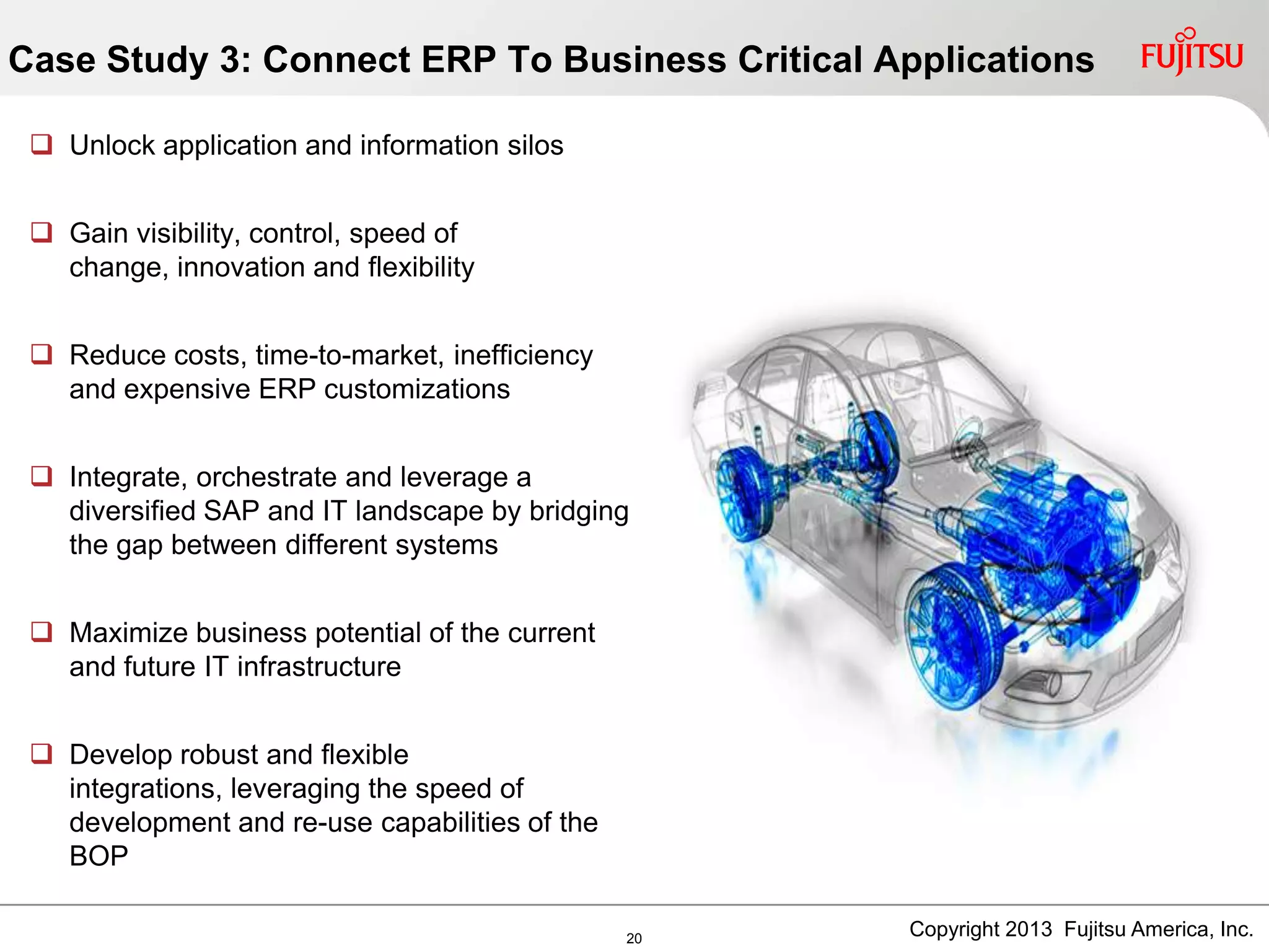 Unlock application and information silos
 Gain visibility, control, speed of
change, innovation and flexibility
 Reduce costs, time-to-market, inefficiency
and expensive ERP customizations
 Integrate, orchestrate and leverage a
diversified SAP and IT landscape by bridging
the gap between different systems
 Maximize business potential of the current
and future IT infrastructure
 Develop robust and flexible
integrations, leveraging the speed of
development and re-use capabilities of the
BOP
Case Study 3: Connect ERP To Business Critical Applications
20 Copyright 2013 Fujitsu America, Inc.
 