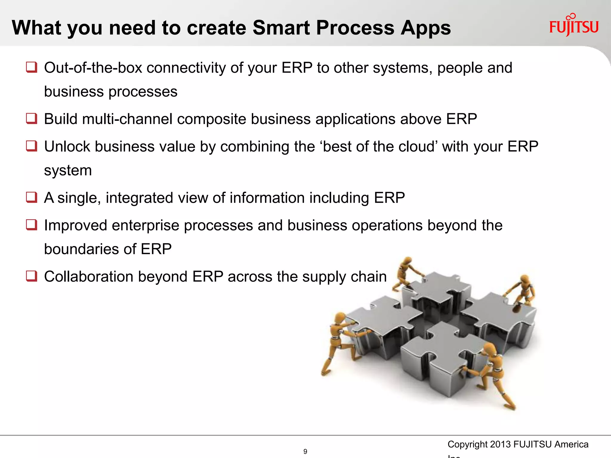 What you need to create Smart Process Apps
 Out-of-the-box connectivity of your ERP to other systems, people and
business processes
 Build multi-channel composite business applications above ERP
 Unlock business value by combining the „best of the cloud‟ with your ERP
system
 A single, integrated view of information including ERP
 Improved enterprise processes and business operations beyond the
boundaries of ERP
 Collaboration beyond ERP across the supply chain
9
Copyright 2013 FUJITSU America
 