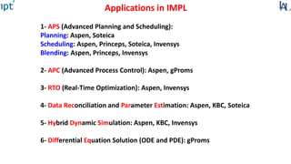 1- APS (Advanced Planning and Scheduling):
Planning: Aspen, Soteica
Scheduling: Aspen, Princeps, Soteica, Invensys
Blending: Aspen, Princeps, Invensys
2- APC (Advanced Process Control): Aspen, gProms
3- RTO (Real-Time Optimization): Aspen, Invensys
4- Data Reconciliation and Parameter Estimation: Aspen, KBC, Soteica
5- Hybrid Dynamic Simulation: Aspen, KBC, Invensys
6- Differential Equation Solution (ODE and PDE): gProms
Applications in IMPL
 