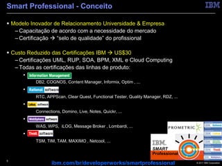 Smart Professional - Conceito

 Modelo Inovador de Relacionamento Universidade & Empresa
   – Capacitação de acordo com a necessidade do mercado
   – Certificação  “selo de qualidade” do profissional

 Custo Reduzido das Certificações IBM  US$30
   – Certificações UML, RUP, SOA, BPM, XML e Cloud Computing
   – Todas as certificações das linhas de produto:
      • IM
         • DB2, COGNOS, Content Manager, Informix, Optim , ...
      • Rational
         • RTC, APPScan, Clear Quest, Functional Tester, Quality Manager, RDZ, ...
      • Lotus
         • Connections, Domino, Live, Notes, Quickr, ...
      • WebSphere
         • WAS, WPS, iLOG, Message Broker , Lombardi, ...
      • Tivoli
         • TSM, TIM, TAM, MAXIMO , Netcool, ...
                                                                     SMART
                                                                     Professional
5
                   ibm.com/br/developerworks/smartprofessional                       © 2011 IBM Corporation
 