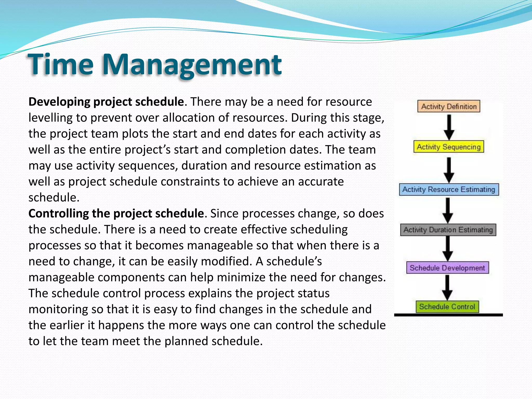 Time Management
Developing project schedule. There may be a need for resource
levelling to prevent over allocation of resources. During this stage,
the project team plots the start and end dates for each activity as
well as the entire project’s start and completion dates. The team
may use activity sequences, duration and resource estimation as
well as project schedule constraints to achieve an accurate
schedule.
Controlling the project schedule. Since processes change, so does
the schedule. There is a need to create effective scheduling
processes so that it becomes manageable so that when there is a
need to change, it can be easily modified. A schedule’s
manageable components can help minimize the need for changes.
The schedule control process explains the project status
monitoring so that it is easy to find changes in the schedule and
the earlier it happens the more ways one can control the schedule
to let the team meet the planned schedule.
 