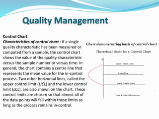 Quality Management
Control Chart
Characteristics of control chart : If a single
quality characteristic has been measured or
computed from a sample, the control chart
shows the value of the quality characteristic
versus the sample number or versus time. In
general, the chart contains a centre line that
represents the mean value for the in-control
process. Two other horizontal lines, called the
upper control limit (UCL) and the lower control
limit (LCL), are also shown on the chart. These
control limits are chosen so that almost all of
the data points will fall within these limits as
long as the process remains in-control.
Chart demonstrating basis of control chart
 