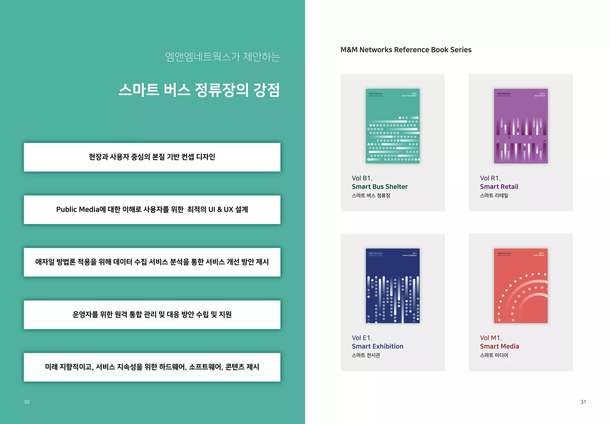 30 31
엠앤엠네트웍스가 제안하는
스마트 버스 정류장의 강점
M&M Networks Reference Book Series
Vol B1.
Smart Bus Shelter
스마트 버스 정류장
Vol R1.
Smart Retail
스마트 리테일
Vol E1.
Smart Exhibition
스마트 전시관
Vol M1.
Smart Media
스마트 미디어
현장과 사용자 중심의 본질 기반 컨셉 디자인
Public Media에 대한 이해로 사용자를 위한 최적의 UI & UX 설계
애자일 방법론 적용을 위해 데이터 수집 서비스 분석을 통한 서비스 개선 방안 제시
운영자를 위한 원격 통합 관리 및 대응 방안 수립 및 지원
미래 지향적이고, 서비스 지속성을 위한 하드웨어, 소프트웨어, 콘텐츠 제시
 