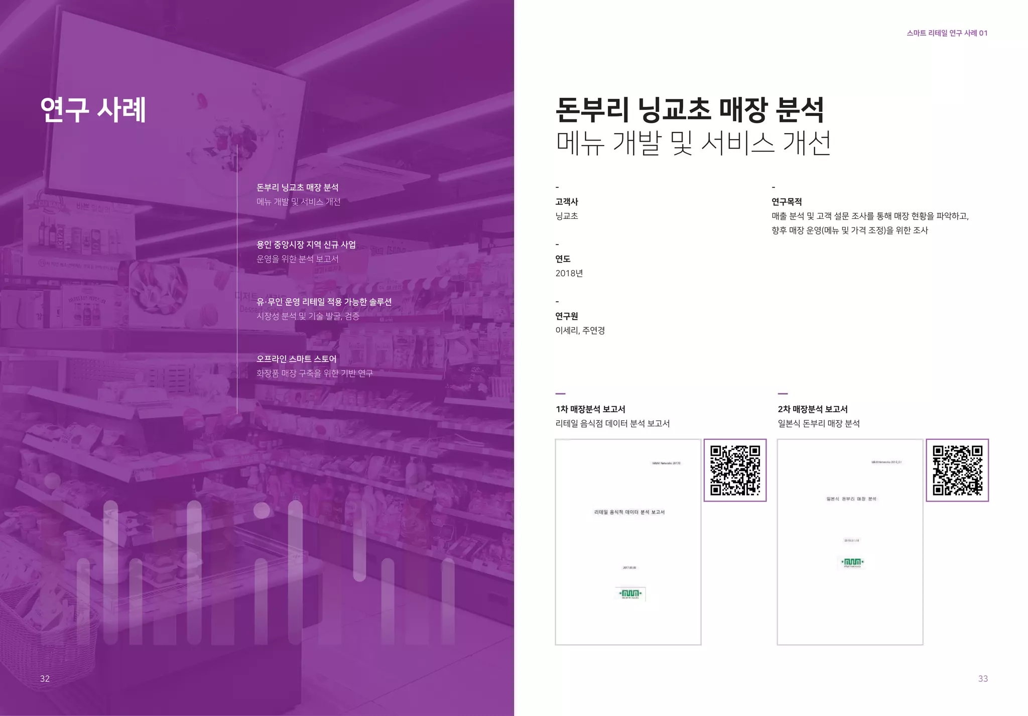 32 33
스마트 리테일 연구 사례 01
연구 사례
-
고객사
닝교초
-
연도
2018년
-
연구원
이세리, 주연경
1차 매장분석 보고서
리테일 음식점 데이터 분석 보고서
2차 매장분석 보고서
일본식 돈부리 매장 분석
-
연구목적
매출 분석 및 고객 설문 조사를 통해 매장 현황을 파악하고,
향후 매장 운영(메뉴 및 가격 조정)을 위한 조사
돈부리 닝교초 매장 분석
메뉴 개발 및 서비스 개선
용인 중앙시장 지역 신규 사업
운영을 위한 분석 보고서
유·무인 운영 리테일 적용 가능한 솔루션
시장성 분석 및 기술 발굴, 검증
오프라인 스마트 스토어
화장품 매장 구축을 위한 기반 연구
돈부리 닝교초 매장 분석
메뉴 개발 및 서비스 개선
 