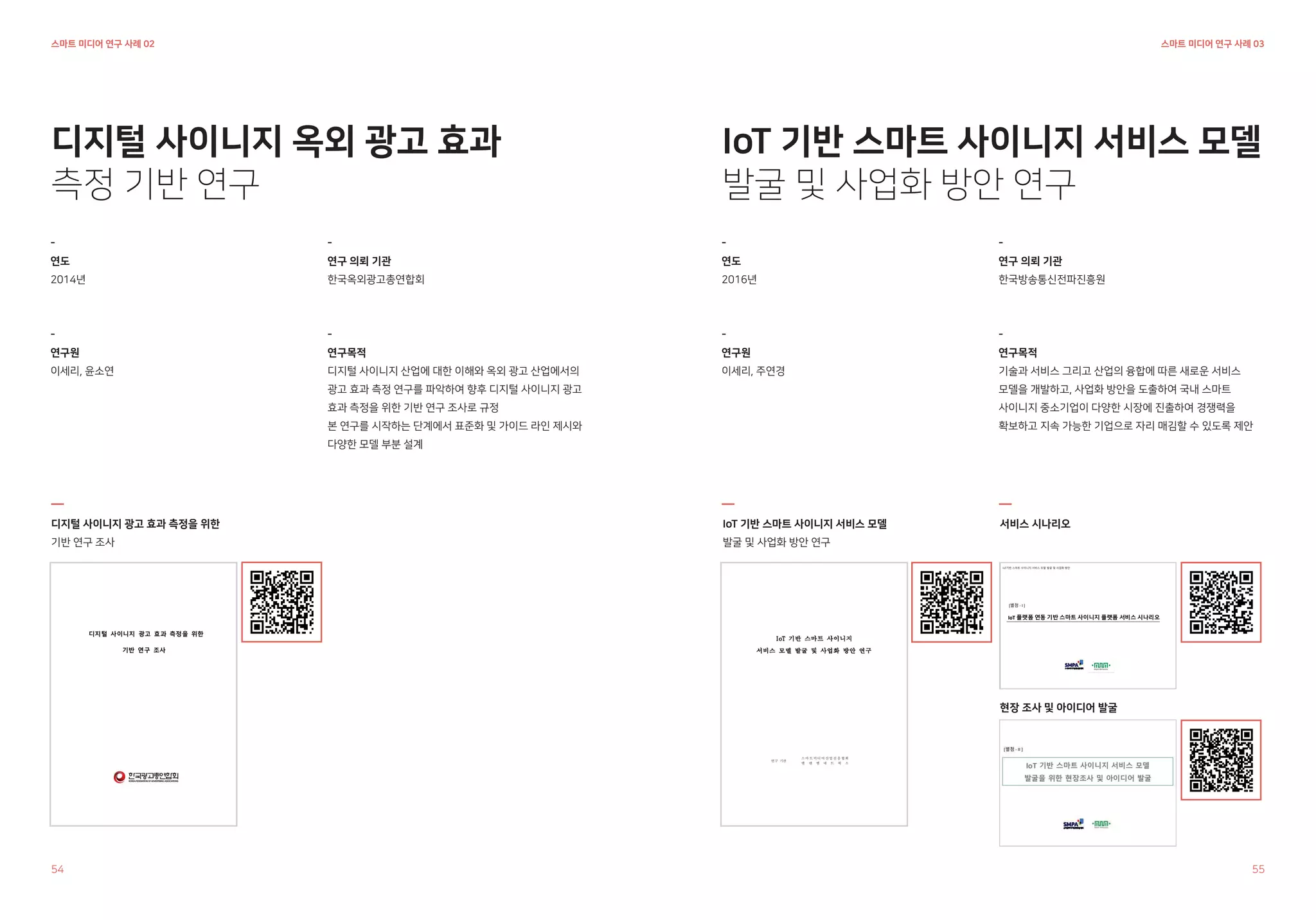스마트 미디어 연구 사례 03
스마트 미디어 연구 사례 02
디지털 사이니지 옥외 광고 효과
측정 기반 연구
-
연도
2014년
-
연구원
이세리, 윤소연
-
연구 의뢰 기관
한국옥외광고총연합회
-
연구목적
디지털 사이니지 산업에 대한 이해와 옥외 광고 산업에서의
광고 효과 측정 연구를 파악하여 향후 디지털 사이니지 광고
효과 측정을 위한 기반 연구 조사로 규정
본 연구를 시작하는 단계에서 표준화 및 가이드 라인 제시와
다양한 모델 부분 설계
IoT 기반 스마트 사이니지 서비스 모델
발굴 및 사업화 방안 연구
-
연도
2016년
-
연구원
이세리, 주연경
-
연구 의뢰 기관
한국방송통신전파진흥원
-
연구목적
기술과 서비스 그리고 산업의 융합에 따른 새로운 서비스
모델을 개발하고, 사업화 방안을 도출하여 국내 스마트
사이니지 중소기업이 다양한 시장에 진출하여 경쟁력을
확보하고 지속 가능한 기업으로 자리 매김할 수 있도록 제안
디지털 사이니지 광고 효과 측정을 위한
기반 연구 조사
IoT 기반 스마트 사이니지 서비스 모델
발굴 및 사업화 방안 연구
서비스 시나리오
현장 조사 및 아이디어 발굴
54 55
 