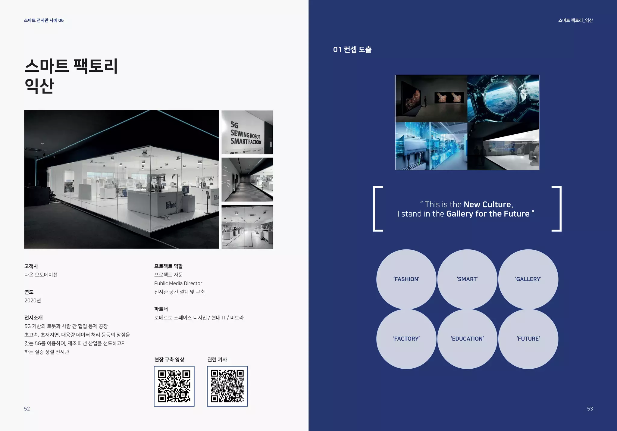 스마트 팩토리_익산
스마트 전시관 사례 06
스마트 팩토리
익산
고객사
다온 오토메이션
연도
2020년
전시소개
5G 기반의 로봇과 사람 간 협업 봉제 공장
초고속, 초저지연, 대용량 데이터 처리 등등의 장점을
갖는 5G를 이용하여, 제조 패션 산업을 선도하고자
하는 실증 상설 전시관
프로젝트 역할
프로젝트 자문
Public Media Director
전시관 공간 설계 및 구축
파트너
로베르토 스페이스 디자인 / 현대 IT / 비토라
01 컨셉 도출
“ This is the New Culture.
I stand in the Gallery for the Future ”
[ [
‘FASHION’ ‘SMART’ ‘GALLERY’
‘FACTORY’ ‘EDUCATION’ ‘FUTURE’
52 53
현장 구축 영상 관련 기사
 