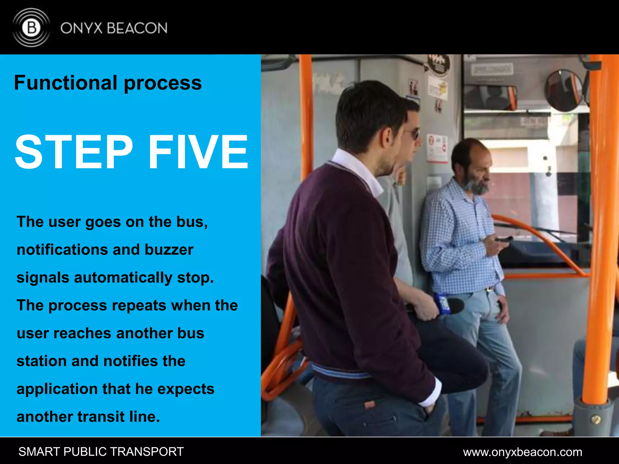 www.onyxbeacon.comSMART PUBLIC TRANSPORT
Functional process
STEP FIVE
The user goes on the bus,
notifications and buzzer
signals automatically stop.
The process repeats when the
user reaches another bus
station and notifies the
application that he expects
another transit line.
 