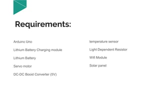 Requirements:
Arduino Uno
Lithium Battery Charging module
Lithium Battery
Servo motor
DC-DC Boost Converter (5V)
temperature sensor
Light Dependent Resistor
Wifi Module
Solar panel
 