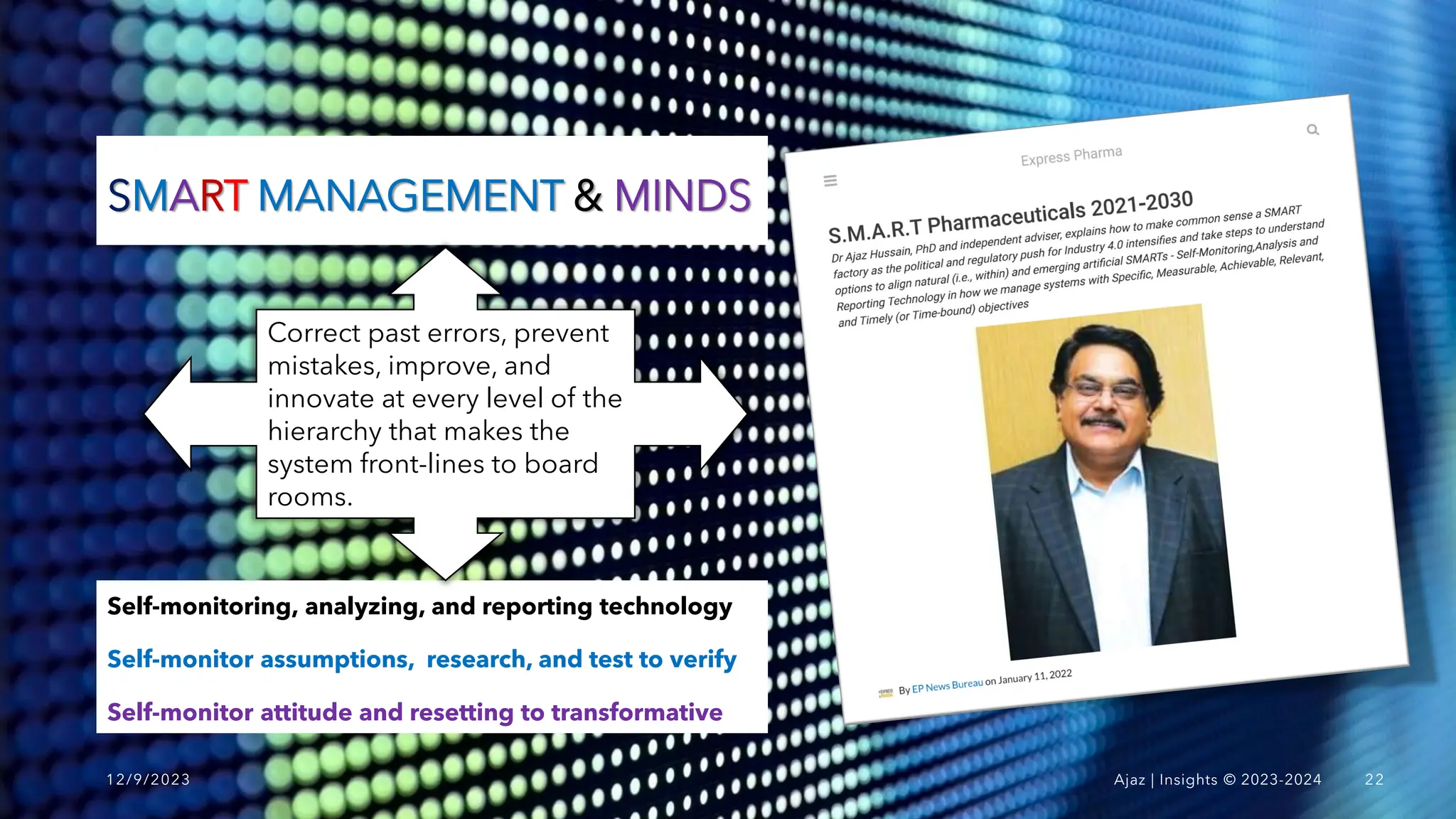 SMART MANAGEMENT & MINDS
Self-monitoring, analyzing, and reporting technology
Self-monitor assumptions, research, and test to verify
Self-monitor attitude and resetting to transformative
12/9/2023 Ajaz | Insights © 2023-2024 22
Correct past errors, prevent
mistakes, improve, and
innovate at every level of the
hierarchy that makes the
system front-lines to board
rooms.
 